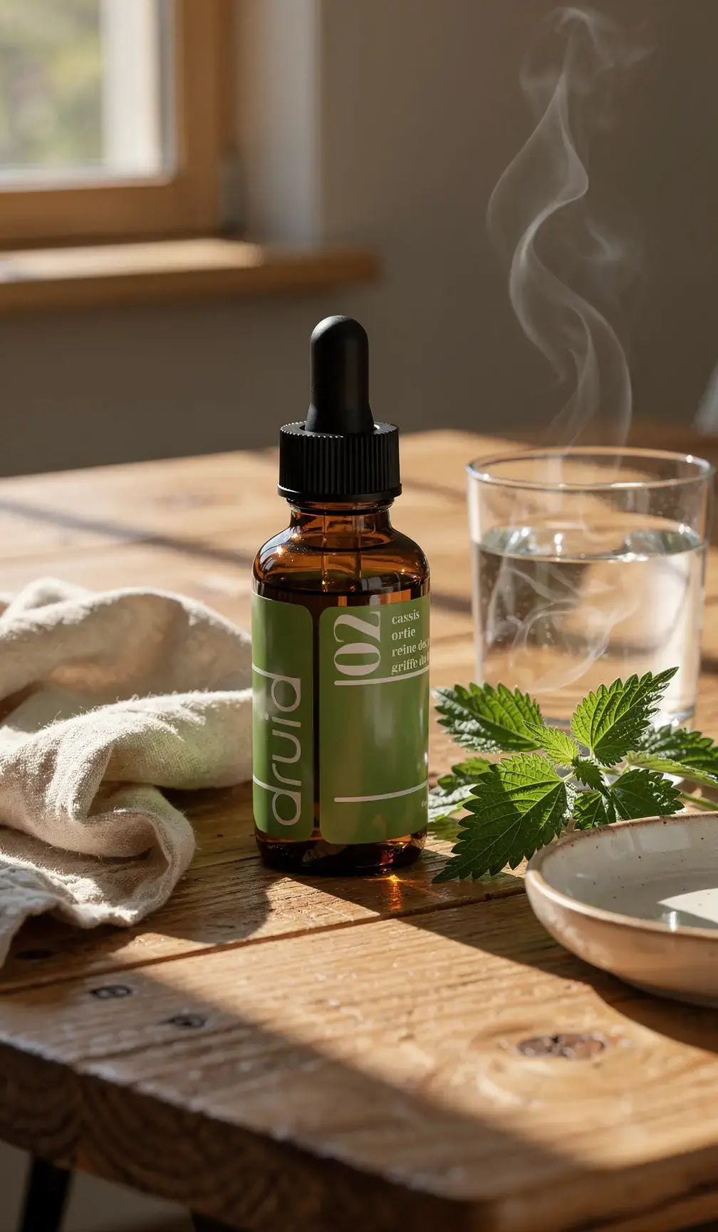 Goutte d’élixir dans un flacon en verre ambré avec pipette sur une table en bois, fumée légère, feuille verte et tasse d’eau à proximité. Potion 02 – Élixir articulations & pollens plantes françaises.