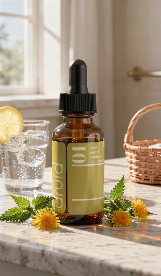 Flacon amber avec compte-gouttes sur plan de travail, étiquette verte, près d’un verre d’eau au citron et fleurs jaunes, ambiance détendue.