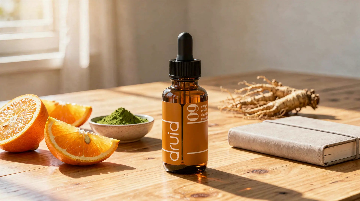 Bouteille brunie à dropper d’Elixir naturel Potion 09 sur table en bois, entourée d’oranges tranchées, poudre verte en bol et carnet beige au fond.