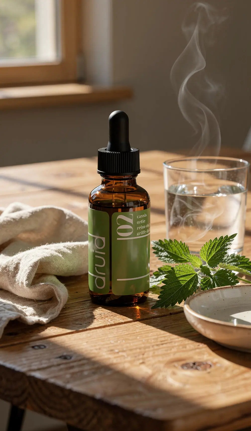 Goutte d’élixir dans un flacon en verre ambré avec pipette sur une table en bois, fumée légère, feuille verte et tasse d’eau à proximité. Potion 02 – Élixir articulations & pollens plantes françaises.