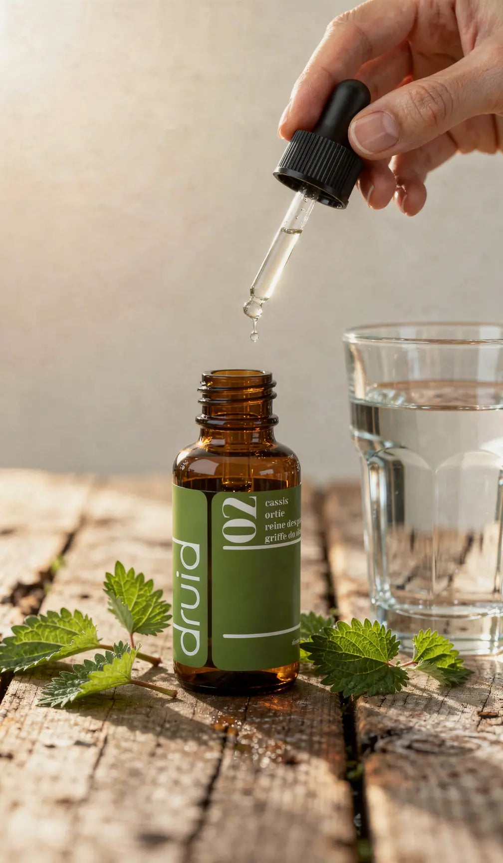 Goutte d’élixir sur un compte-gours droplet sur un flacon brun, pipette au-dessus, verre d’eau à droite. Plantes fraîches autour.
