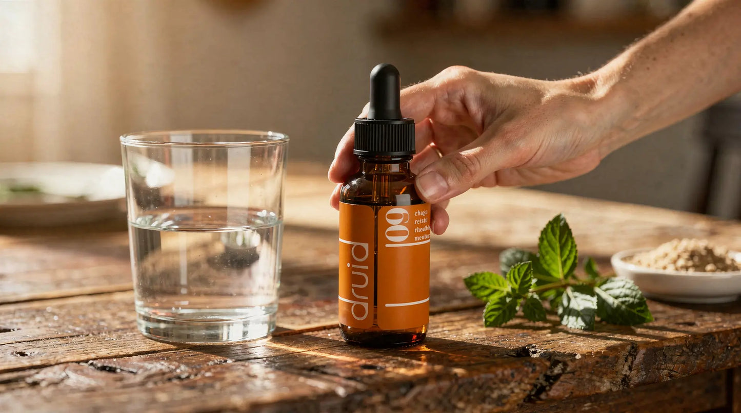 Goutte d’élixir naturelle dans un flacon brun, tenus au doigt, à côté d’un verre d’eau et de feuilles de menthe sur une table en bois.
