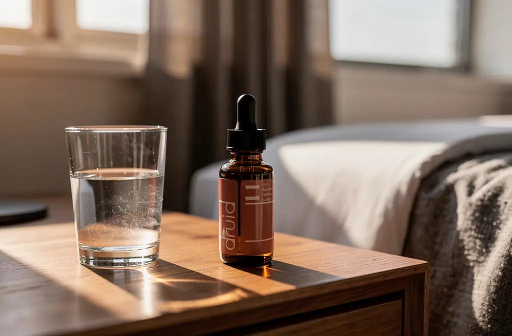 Complément alimentaire à base de tribulus terrestris posé sur une table de chevet masculine.