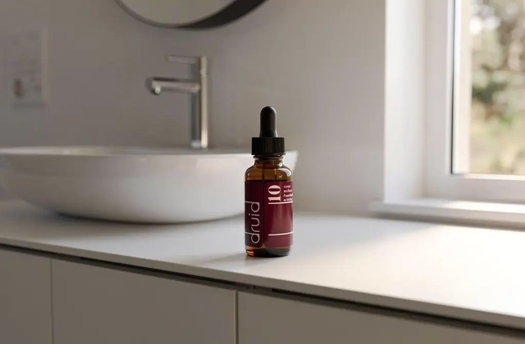 Flacon compte-gouttes pour soulager le syndrome prémenstruel sur une étagère de salle de bain